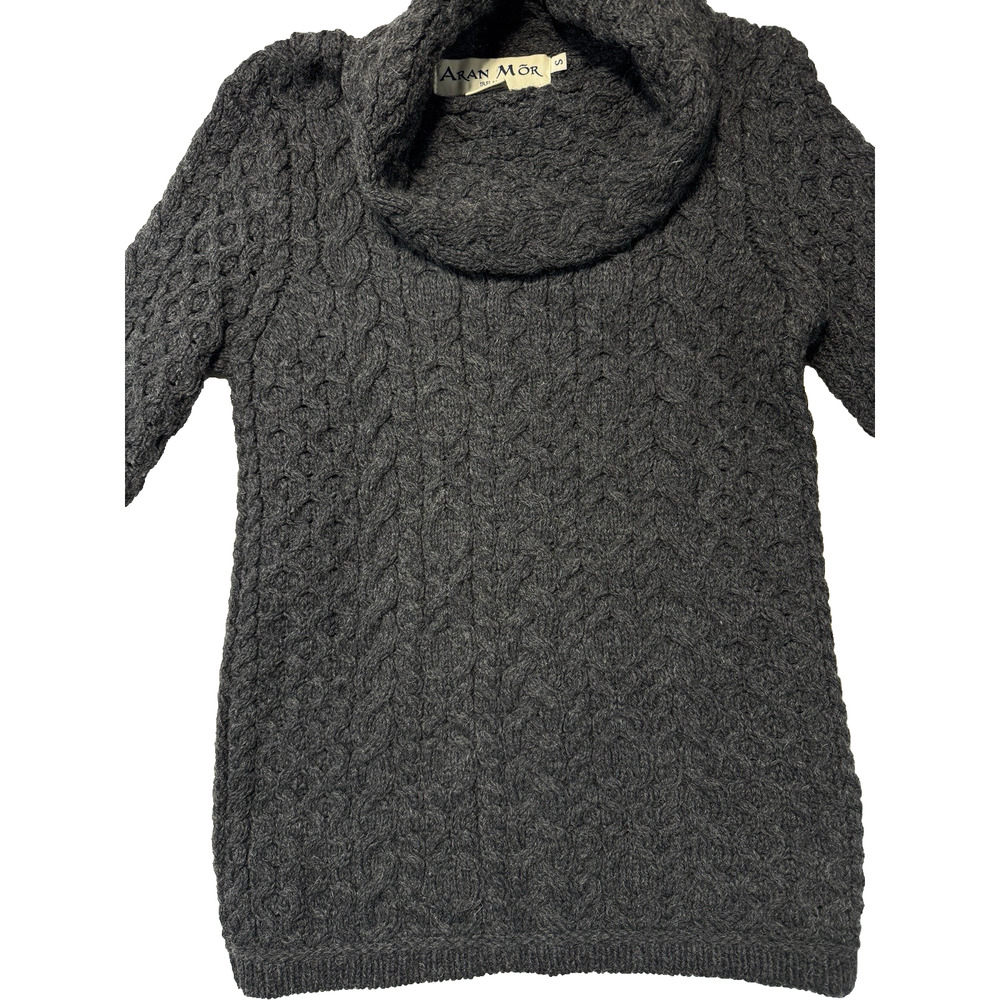 VTG Aran Mor Cowl Neck Charcoal Sweater 100% Irish Merino Wool Womens Sz Sm